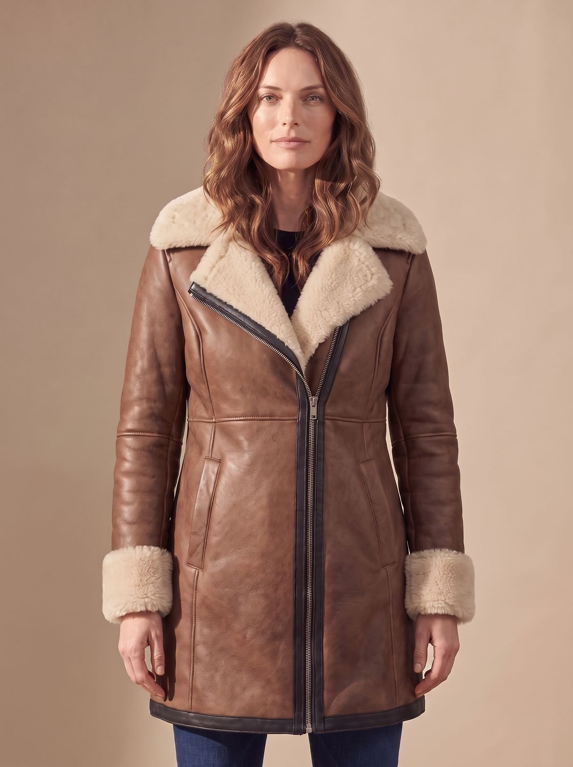 Cozy Faux Leather Shearling Coat for Women with Notched Lapel Long Sleeve Asymmetric Zip Winter Style