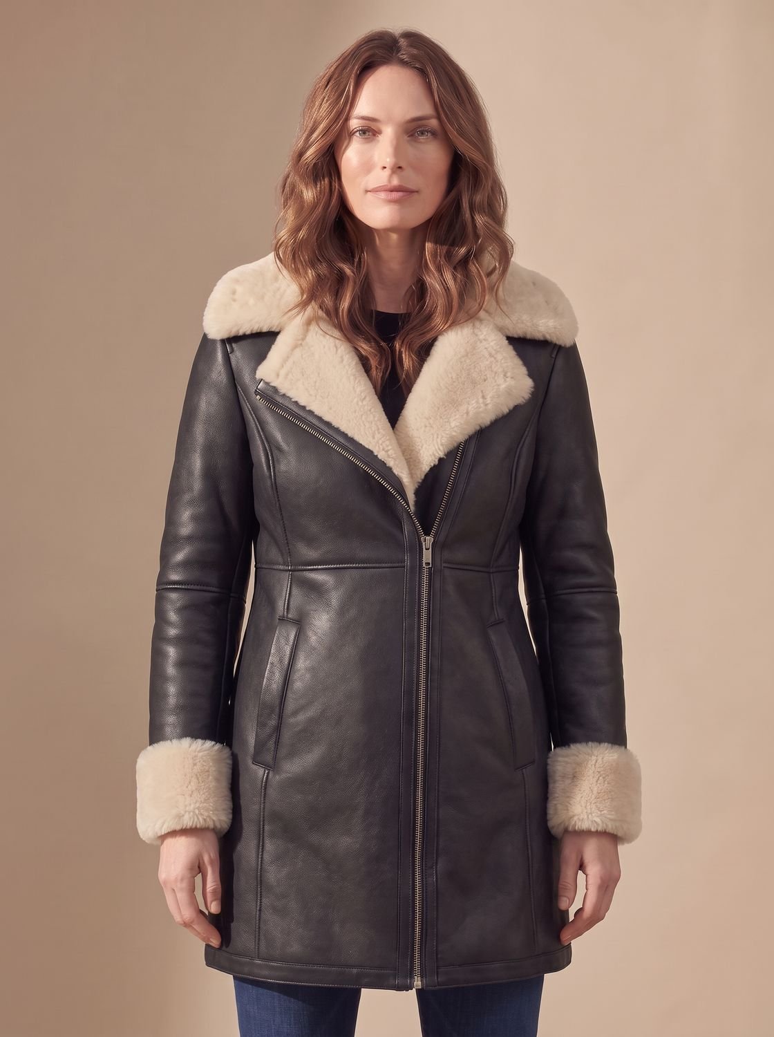Cozy Faux Leather Shearling Coat for Women with Notched Lapel Long Sleeve Asymmetric Zip Winter Style