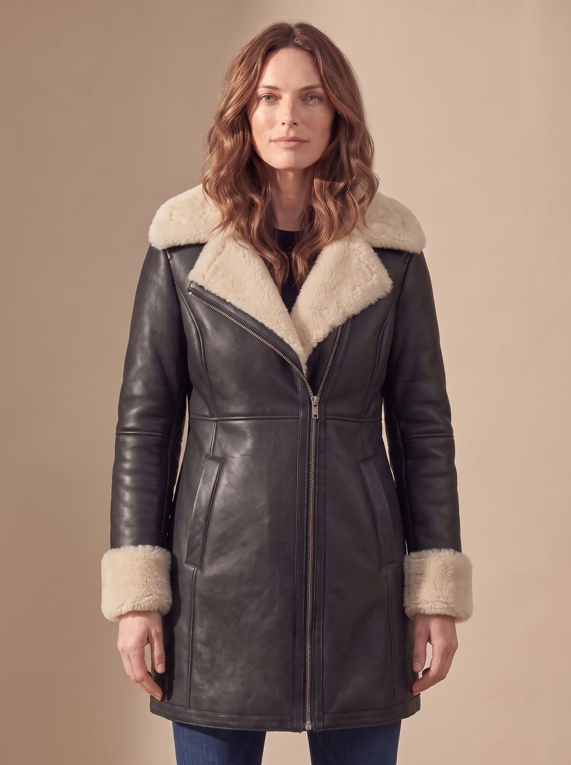 Cozy Faux Leather Shearling Coat for Women with Notched Lapel Long Sleeve Asymmetric Zip Winter Style