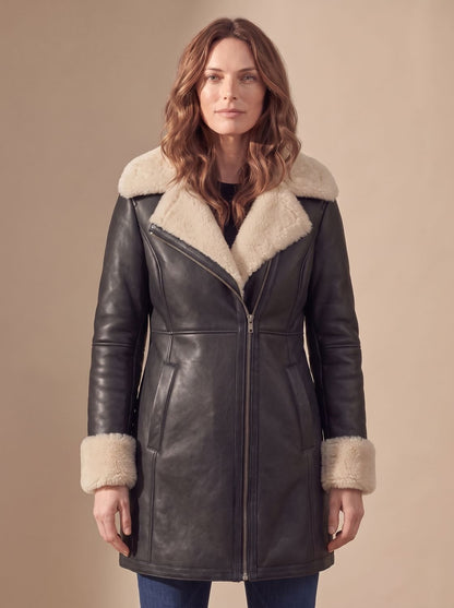 Cozy Faux Leather Shearling Coat for Women with Notched Lapel Long Sleeve Asymmetric Zip Winter Style