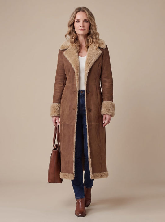 Cozy Brown Faux Suede Shearling Coat for Women with Notched Lapel Long Sleeve Button Front Maxi Style