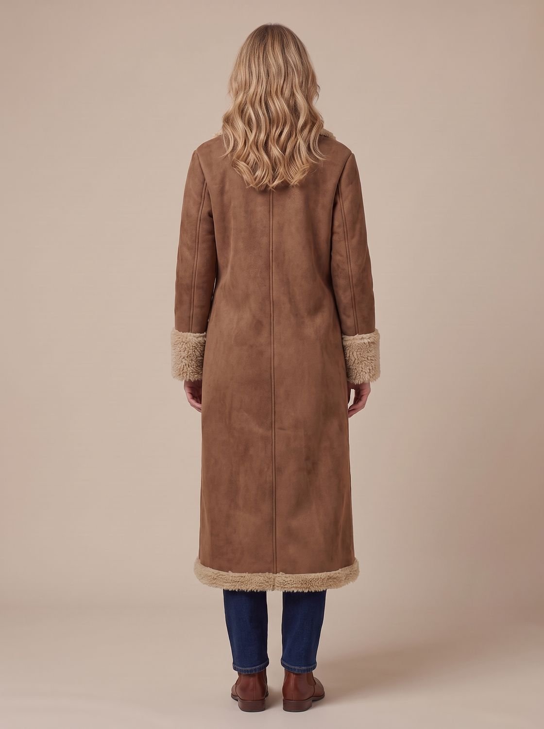 Cozy Brown Faux Suede Shearling Coat for Women with Notched Lapel Long Sleeve Button Front Maxi Style