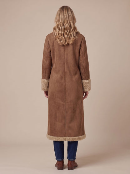 Cozy Brown Faux Suede Shearling Coat for Women with Notched Lapel Long Sleeve Button Front Maxi Style
