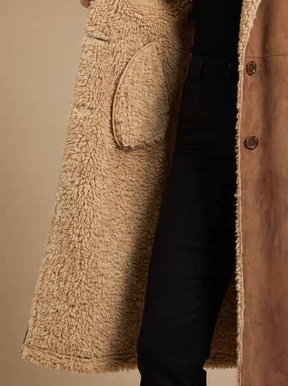 Cozy Brown Faux Suede Shearling Coat for Women with Notched Lapel Long Sleeve Button Front Maxi Style