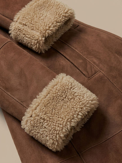 Cozy Brown Faux Suede Shearling Coat for Women with Notched Lapel Long Sleeve Button Front Maxi Style