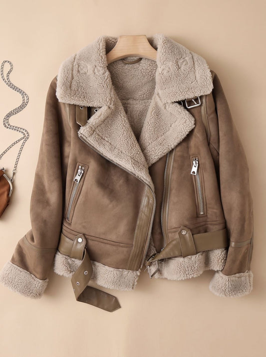 Cozy Faux Suede Shearling Moto Jacket for Women with Notch Collar Long Sleeve Belted Asymmetric Zip Style