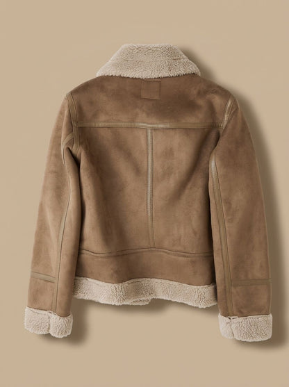 Cozy Faux Suede Shearling Moto Jacket for Women with Notch Collar Long Sleeve Belted Asymmetric Zip Style