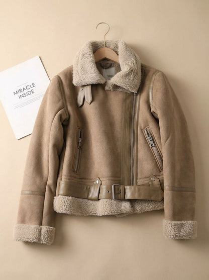 Cozy Faux Suede Shearling Moto Jacket for Women with Notch Collar Long Sleeve Belted Asymmetric Zip Style