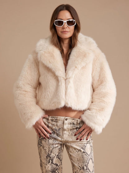 Cozy Cream Faux Fur Jacket for Women with Shawl Collar Long Sleeve Open Front Fluffy Cropped Style