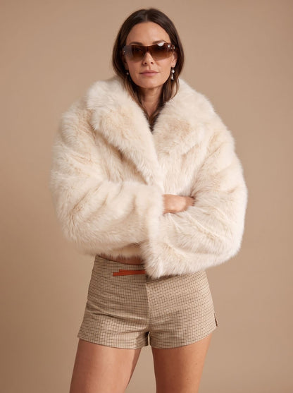 Cozy Cream Faux Fur Jacket for Women with Shawl Collar Long Sleeve Open Front Fluffy Cropped Style