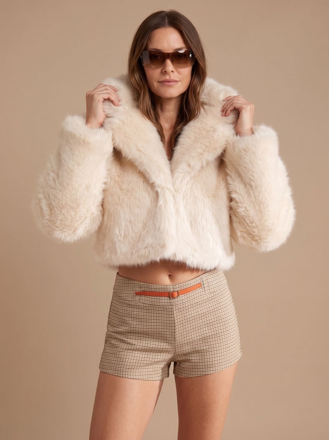 Cozy Cream Faux Fur Jacket for Women with Shawl Collar Long Sleeve Open Front Fluffy Cropped Style