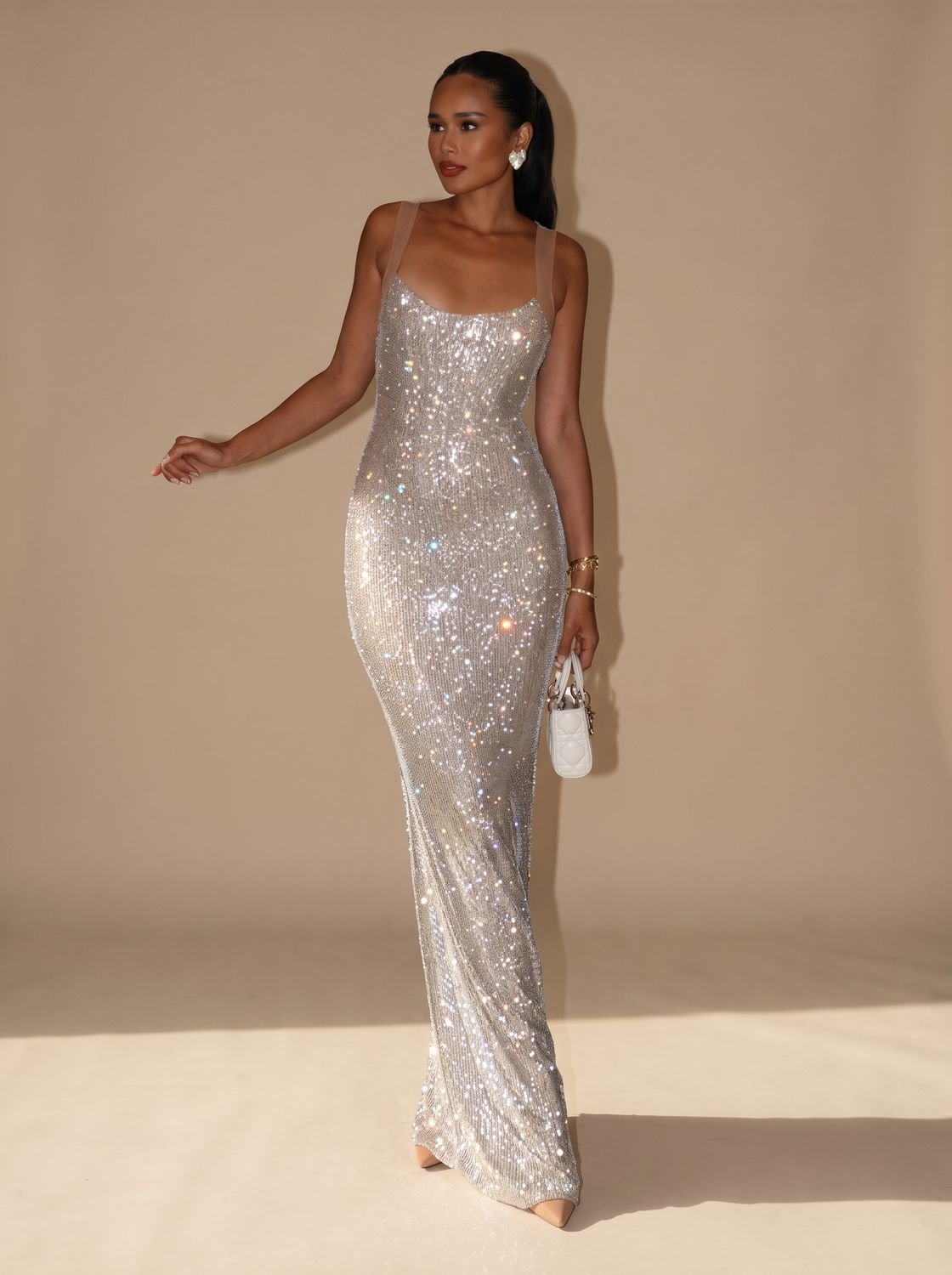 Elegant Silver Sequin Wedding Guest Gown for Women with Square Neck Spaghetti-Strap Bodycon Floor-Length Formal Style