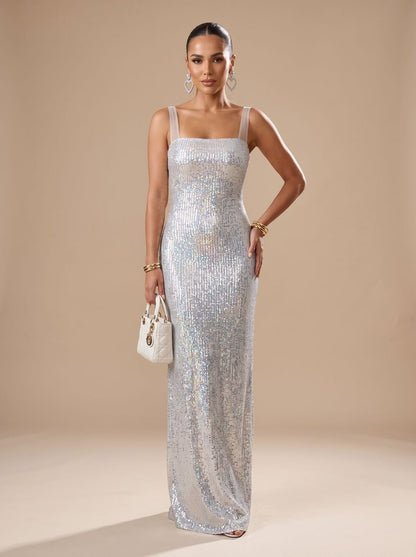 Elegant Silver Sequin Wedding Guest Gown for Women with Square Neck Spaghetti-Strap Bodycon Floor-Length Formal Style