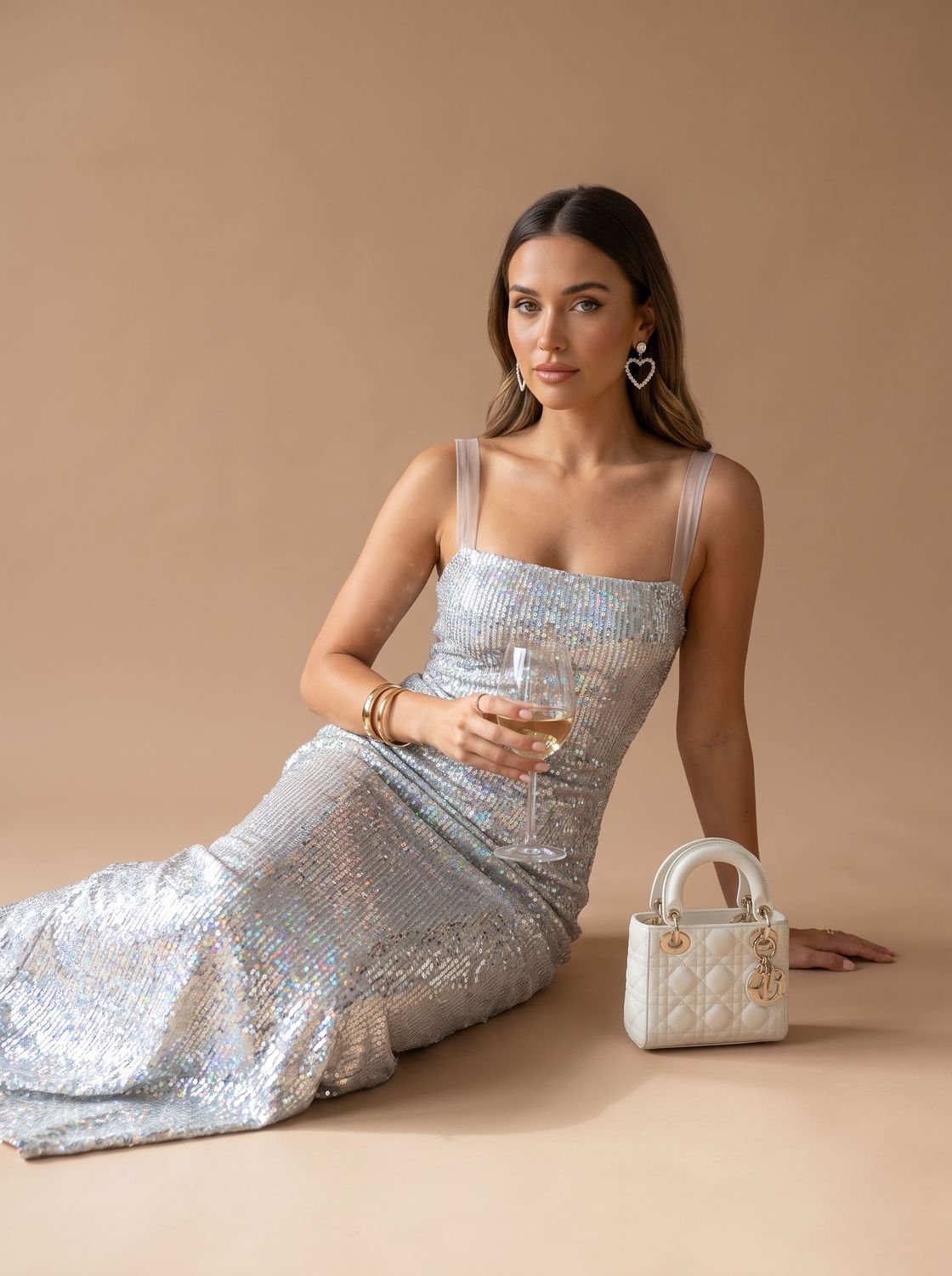 Elegant Silver Sequin Wedding Guest Gown for Women with Square Neck Spaghetti-Strap Bodycon Floor-Length Formal Style