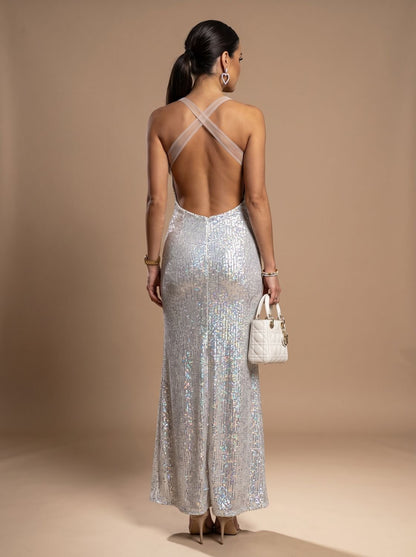 Elegant Silver Sequin Wedding Guest Gown for Women with Square Neck Spaghetti-Strap Bodycon Floor-Length Formal Style