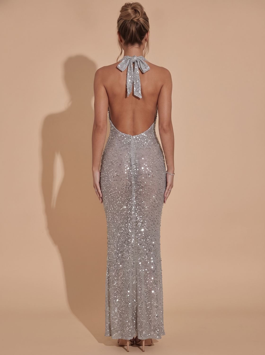 Elegant Silver Sequin Wedding Guest Gown for Women with Halter Deep-V Bodycon Floor-Length Formal Style