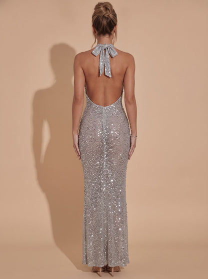 Elegant Silver Sequin Wedding Guest Gown for Women with Halter Deep-V Bodycon Floor-Length Formal Style