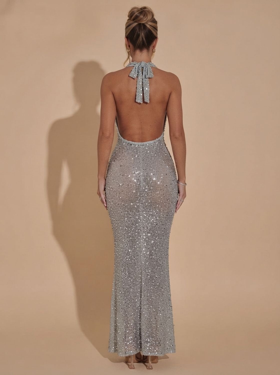 Elegant Silver Sequin Wedding Guest Gown for Women with Halter Deep-V Bodycon Floor-Length Formal Style