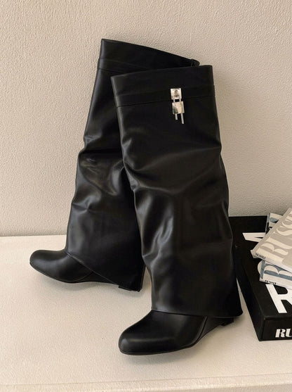 Chic Black Faux Leather Knee High Boots for Women with Fold-Over Padlock Wedge Pointed-Toe Style