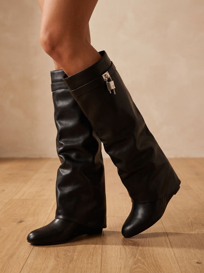 Chic Black Faux Leather Knee High Boots for Women with Fold-Over Padlock Wedge Pointed-Toe Style