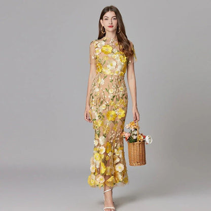Elegant Floral Maxi Dress for Women with Round Neck Sleeveless Bodycon Formal Party Style