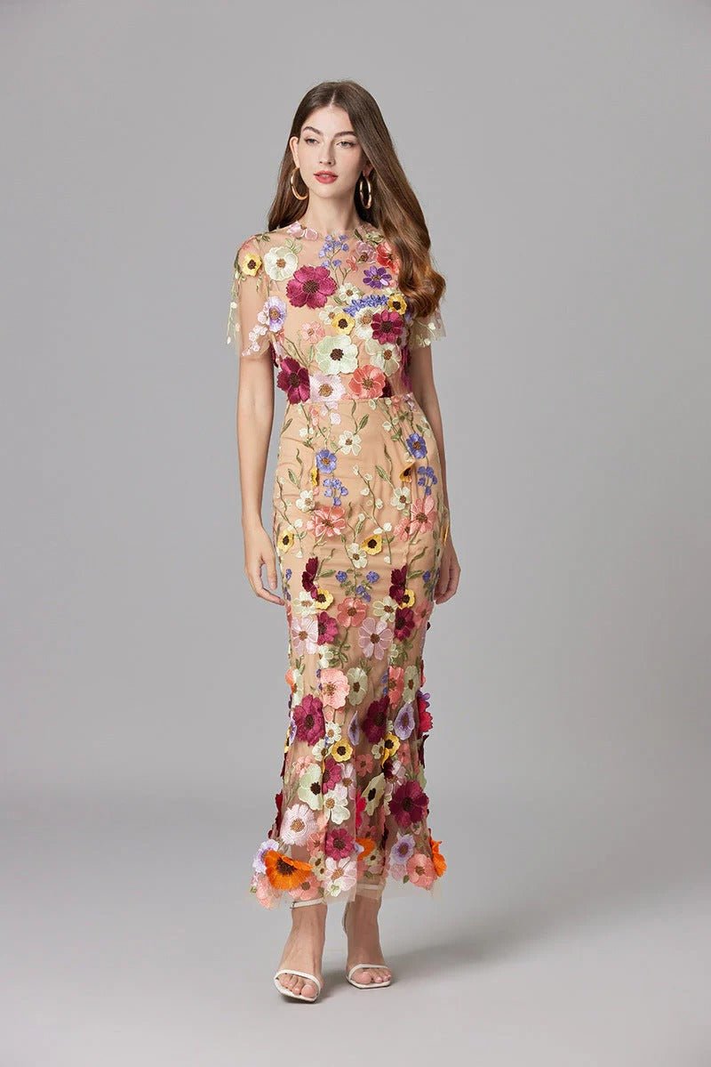Elegant Floral Maxi Dress for Women with Round Neck Sleeveless Bodycon Formal Party Style