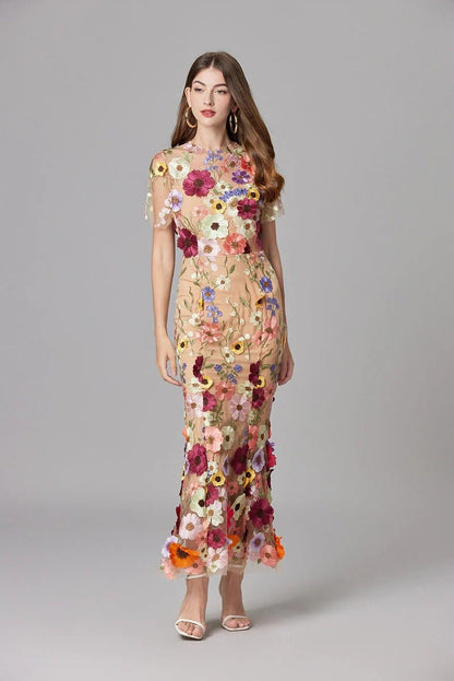 Elegant Floral Maxi Dress for Women with Round Neck Sleeveless Bodycon Formal Party Style