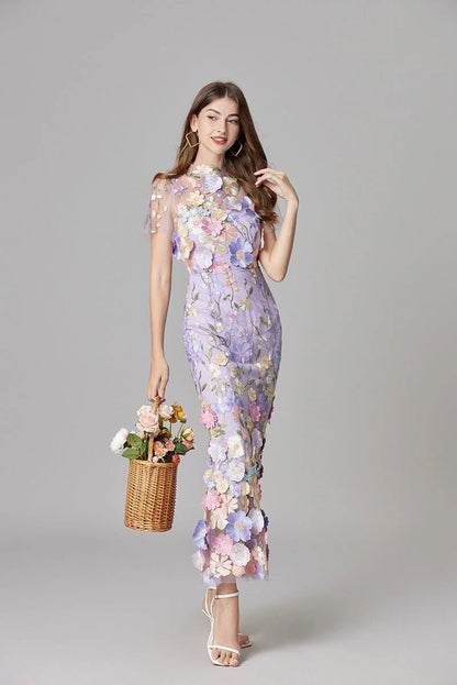 Elegant Floral Maxi Dress for Women with Round Neck Sleeveless Bodycon Formal Party Style