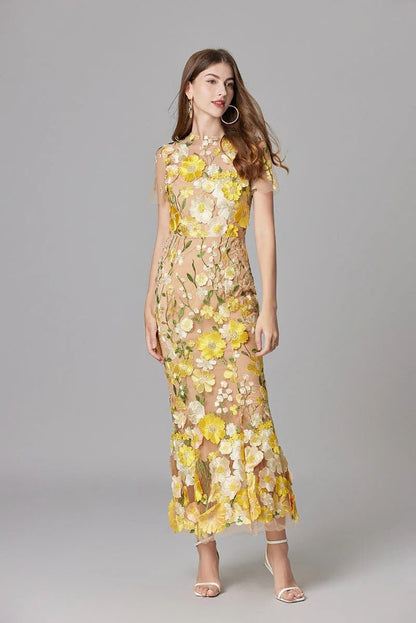 Elegant Floral Maxi Dress for Women with Round Neck Sleeveless Bodycon Formal Party Style