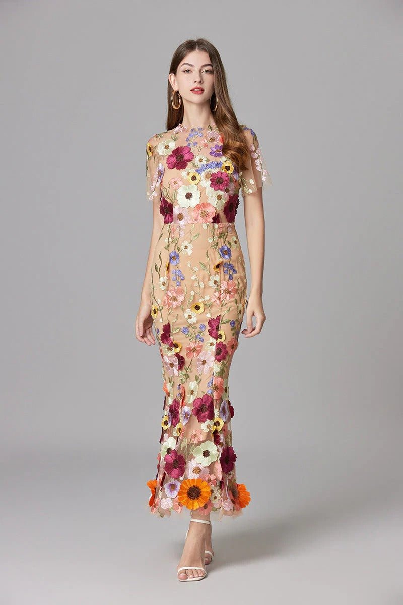 Elegant Floral Maxi Dress for Women with Round Neck Sleeveless Bodycon Formal Party Style