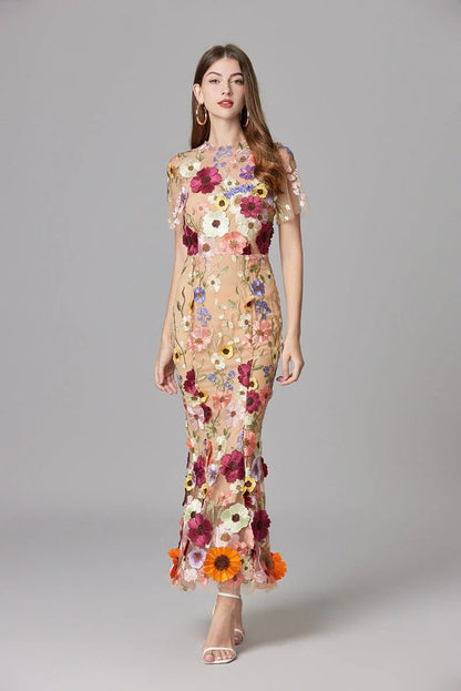 Elegant Floral Maxi Dress for Women with Round Neck Sleeveless Bodycon Formal Party Style