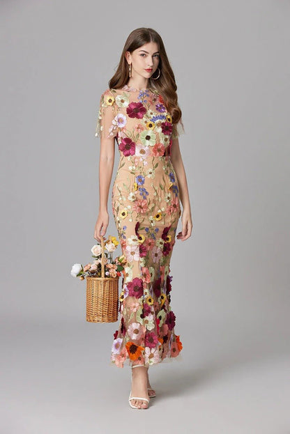 Elegant Floral Maxi Dress for Women with Round Neck Sleeveless Bodycon Formal Party Style