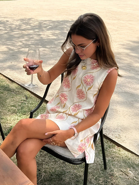 Effortless White Floral Linen Dress for Women with Sleeveless A-Line Sundress Style