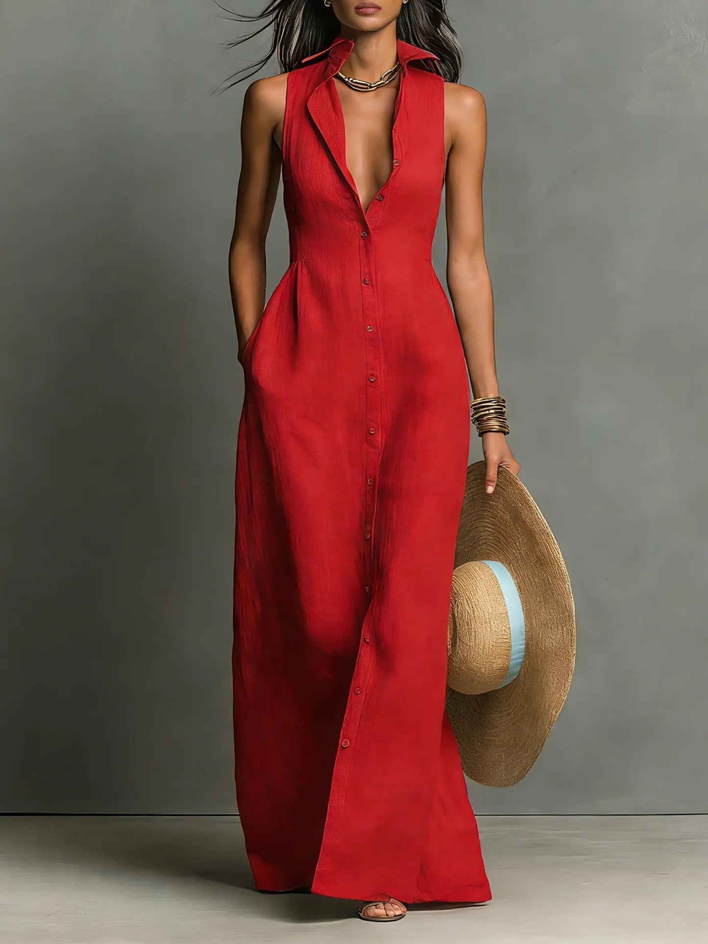 Effortless Red Linen Maxi Dress for Women with Collar Button Front Sleeveless Fitted Casual Style