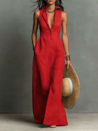 Effortless Red Linen Maxi Dress for Women with Collar Button Front Sleeveless Fitted Casual Style