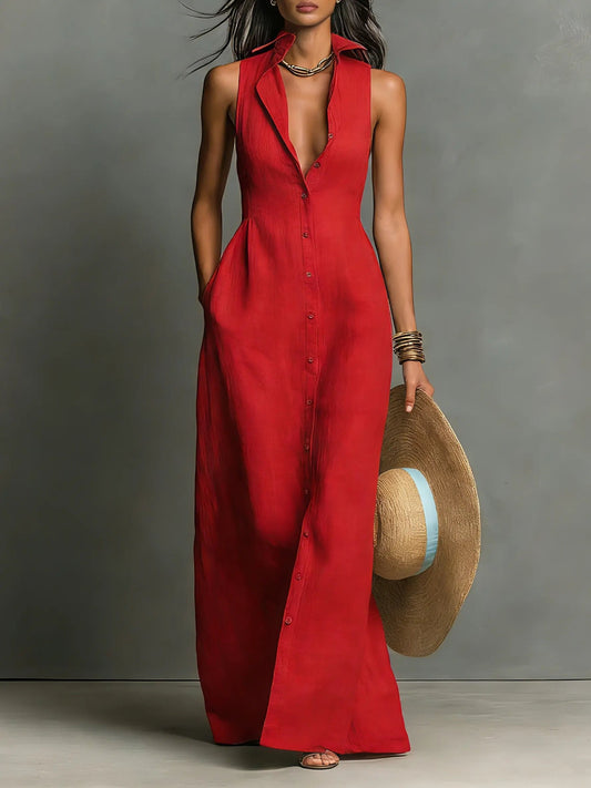 Effortless Red Linen Maxi Dress for Women with Collar Button Front Sleeveless Fitted Casual Style