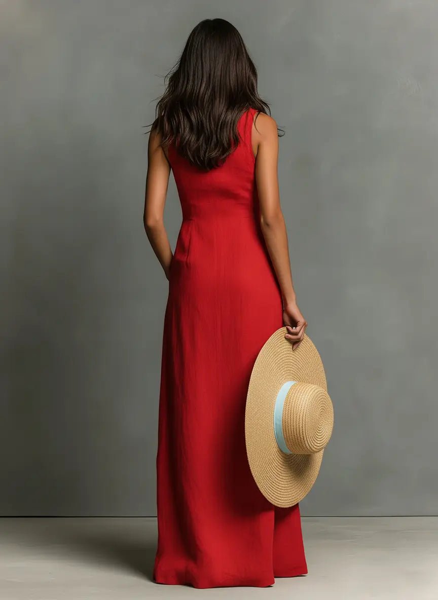 Effortless Red Linen Maxi Dress for Women with Collar Button Front Sleeveless Fitted Casual Style