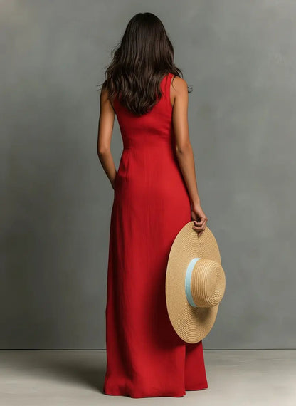 Effortless Red Linen Maxi Dress for Women with Collar Button Front Sleeveless Fitted Casual Style