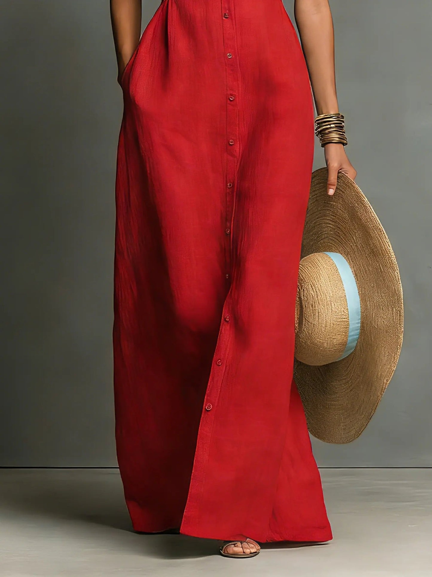 Effortless Red Linen Maxi Dress for Women with Collar Button Front Sleeveless Fitted Casual Style