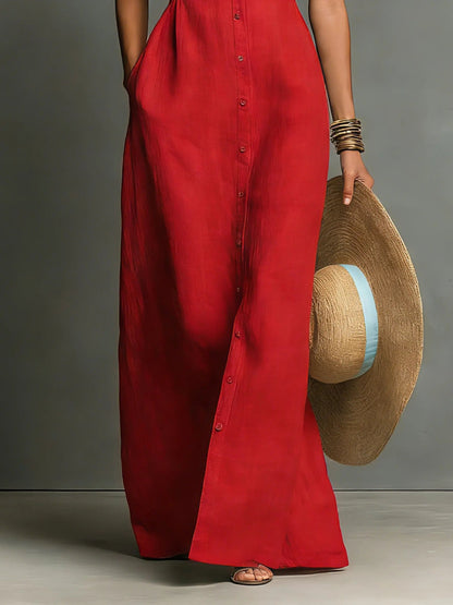 Effortless Red Linen Maxi Dress for Women with Collar Button Front Sleeveless Fitted Casual Style