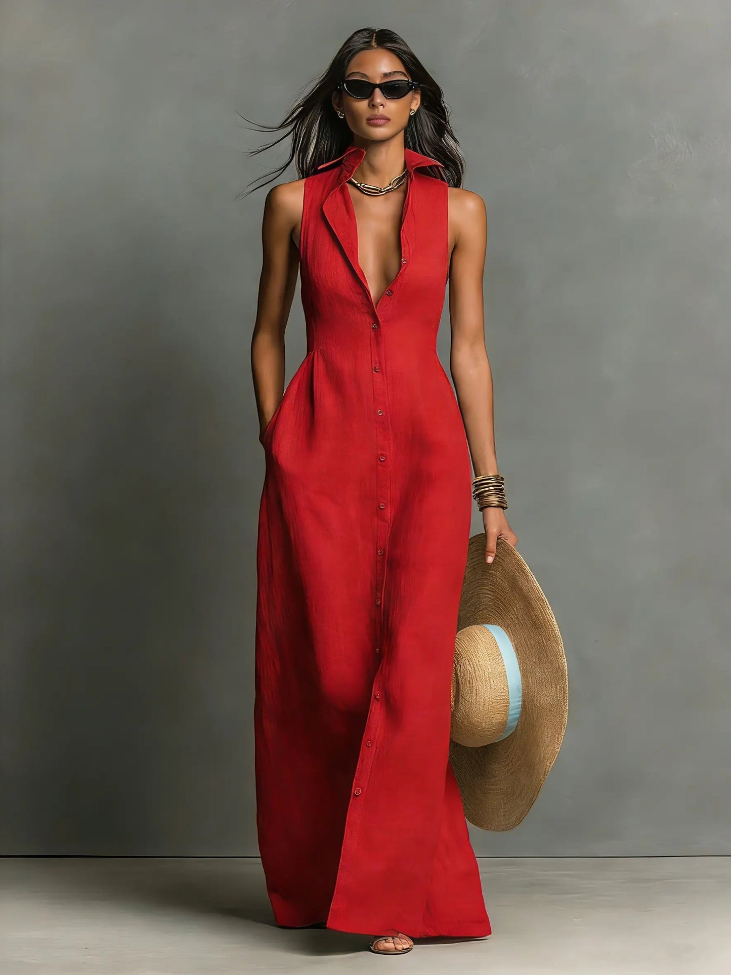 Effortless Red Linen Maxi Dress for Women with Collar Button Front Sleeveless Fitted Casual Style