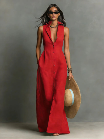 Effortless Red Linen Maxi Dress for Women with Collar Button Front Sleeveless Fitted Casual Style