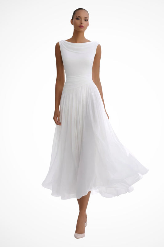 Elegant Chiffon Maxi Dress for Women with Boat Neck Sleeveless Flowing Formal Wedding Guest Style