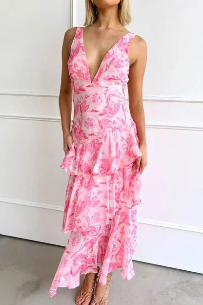 Elegant Wedding Guest Dress for Women with V Neck Ruffle Floral Maxi Formal Style