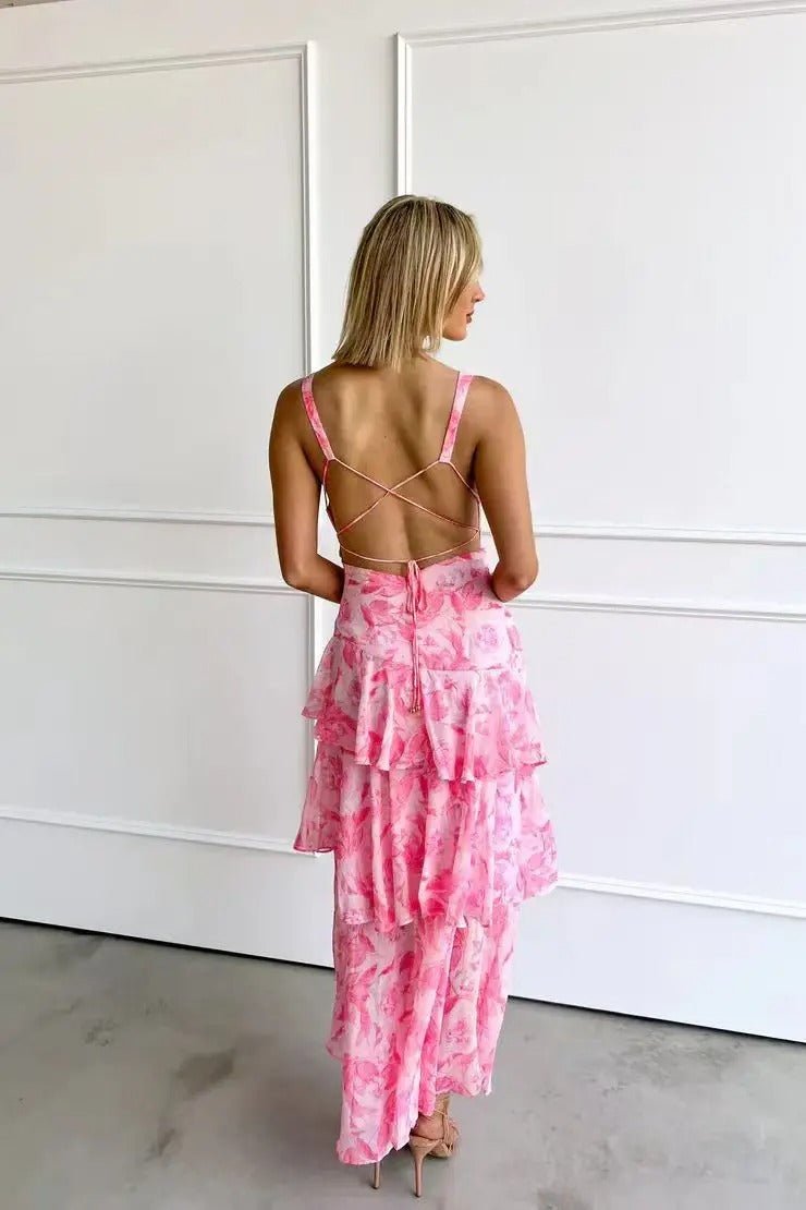 Elegant Wedding Guest Dress for Women with V Neck Ruffle Floral Maxi Formal Style