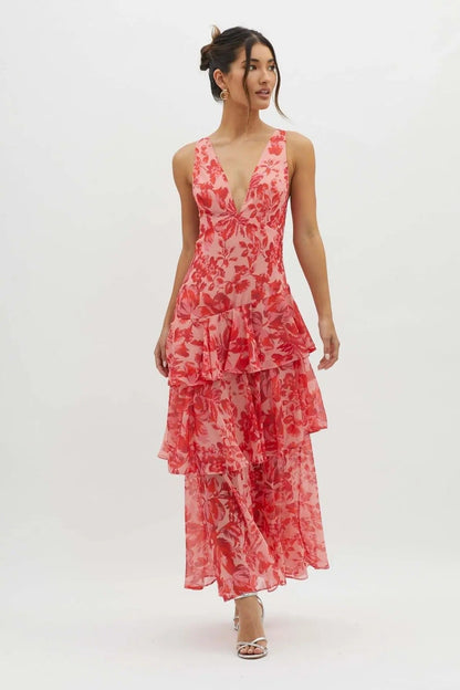 Elegant Wedding Guest Dress for Women with V Neck Ruffle Floral Maxi Formal Style