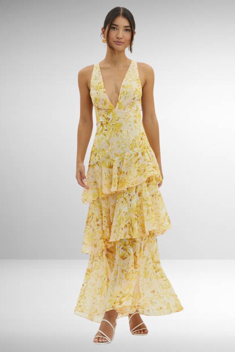 Elegant Wedding Guest Dress for Women with V Neck Ruffle Floral Maxi Formal Style