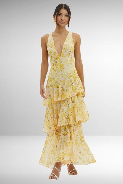 Elegant Wedding Guest Dress for Women with V Neck Ruffle Floral Maxi Formal Style