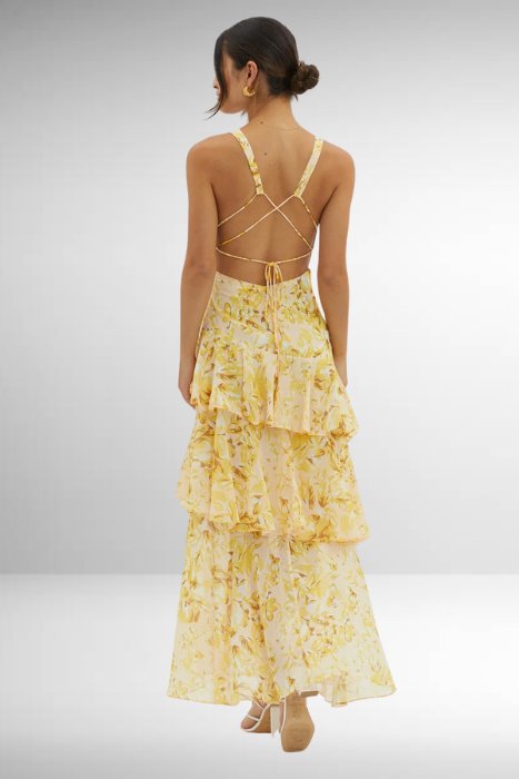 Elegant Wedding Guest Dress for Women with V Neck Ruffle Floral Maxi Formal Style