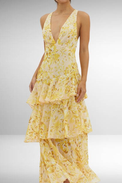 Elegant Wedding Guest Dress for Women with V Neck Ruffle Floral Maxi Formal Style